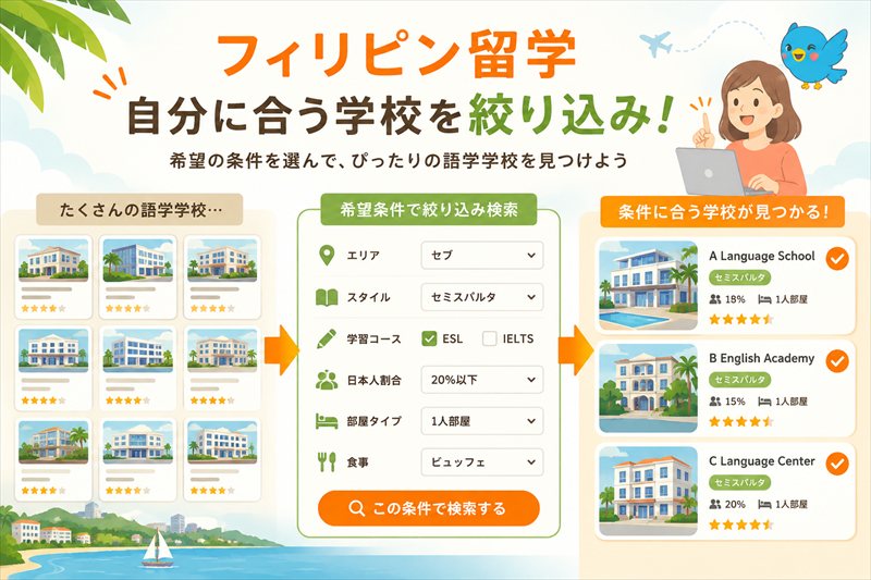 フィリピン留学の語学学校を、地域・学習スタイル・コース・日本人割合・部屋タイプ・食事などの希望条件から絞り込み検索するイメージ
